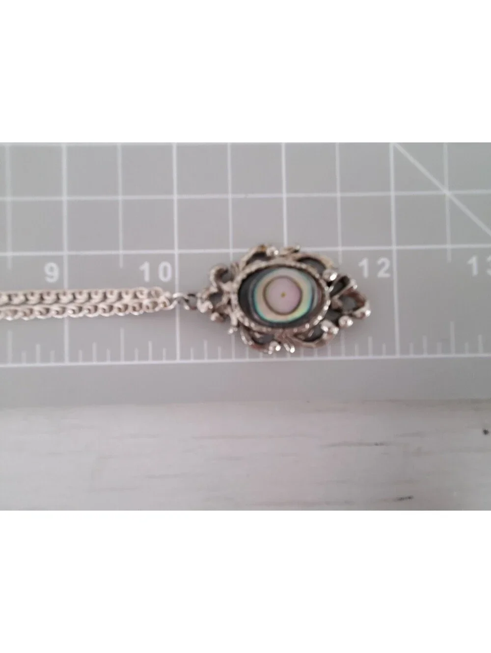 Vintage Sterling Silver Abalone Shell Scroll Pendant with Chain Necklace